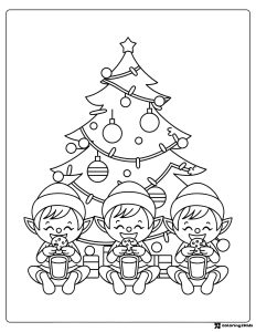 Christmas Elves Coloring Page with Cookies and Christmas Tree