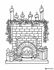 Christmas Fireplace Coloring Page with Candles and Wrapped Gifts