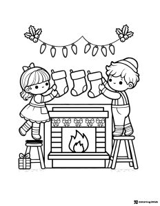 Christmas Fireplace Coloring Page with Kids Hanging Stockings