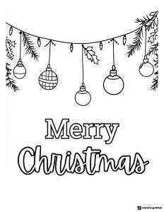 Christmas Garland Coloring Page with Hanging Ornaments and Merry Christmas Text