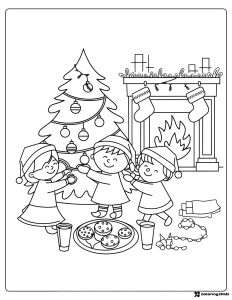 Christmas Kids Coloring Page with Tree and Fireplace Treats