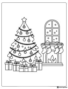Christmas Living Room Coloring Page with Tree and Fireplace