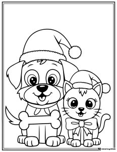 Christmas Pets Coloring Sheet with Dog and Cat in Santa Hats