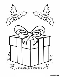 Christmas Present Coloring Page with Holly Leaves and Bow