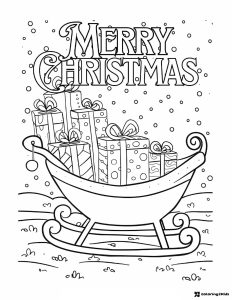 Christmas Sleigh Coloring Page with Presents and Snowfall