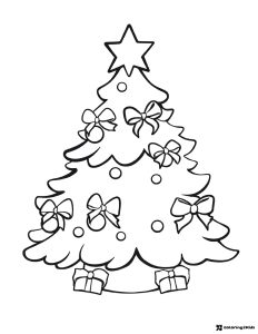 Christmas Tree Coloring Page with Bows and Gifts
