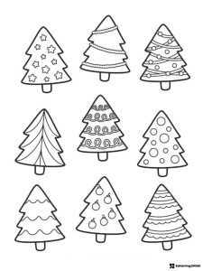 Christmas Tree Coloring Sheet with 9 Unique Patterned Designs