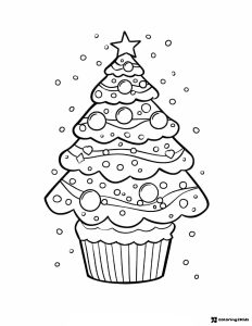 Christmas Tree Cupcake Coloring Page with Frosted Layers