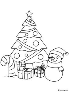 Christmas Tree and Snowman Coloring Page with Gifts and Candy Cane