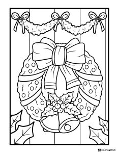 Christmas Wreath Coloring Page with Bells and Holly