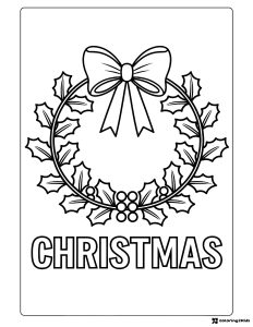 Christmas Wreath Coloring Page with Bow and Holly Leaves