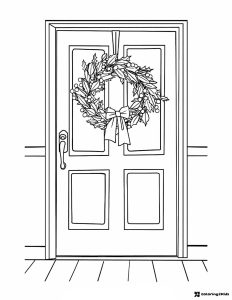 Christmas Wreath Coloring Page with Bow on Front Door
