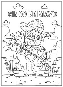 Cinco de Mayo Cactus Character Coloring Page with Guitar