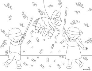 Cinco de Mayo Coloring Page with Kids Hitting a Pinata