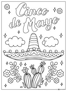 Cinco de Mayo Coloring Page with Sombrero and Cactus Design