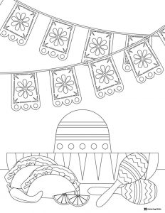 Cinco de Mayo Coloring Page with Tacos and Maracas Decor