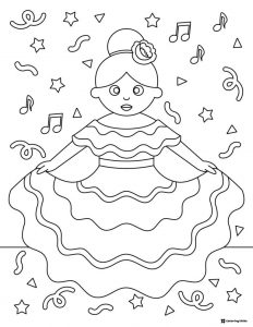 Cinco de Mayo Dancer Coloring Page with Music Notes and Confetti