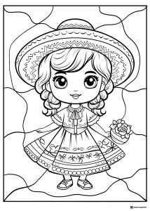 Cinco de Mayo Girl Coloring Page with Sombrero and Dress