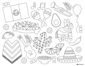 Cinco de Mayo Icon Collage Coloring Page with Food and Decor