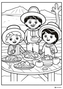 Cinco de Mayo Kids Coloring Page with Food and Mountains