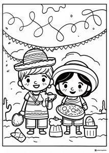 Cinco de Mayo Kids Coloring Page with Snacks and Sombreros