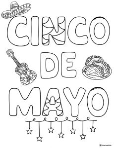Cinco de Mayo Letters Coloring Page with Hat Guitar Tacos