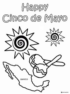 Cinco de Mayo Map Coloring Page with Maracas and Sun Symbols