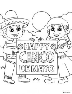 Cinco de Mayo Sign Coloring Page with Boy and Girl Holding It