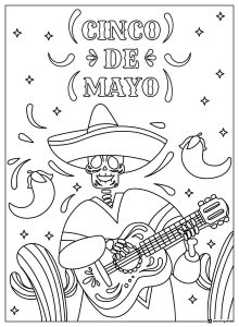 Cinco de Mayo Skeleton Coloring Page with Guitar and Stars