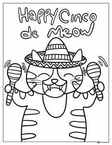 Cinco de Meow Cat Coloring Page with Sombrero and Maracas