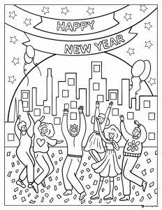 City Celebration Coloring Page with New Year Banner and Dancers