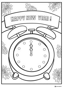 Clock Coloring Page with Fireworks and Happy New Year Banner