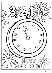 Countdown Clock Coloring Page with Fireworks and 3 2 1 Text