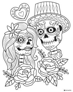 Couple Skeletons Coloring Page with Roses and Heart Design