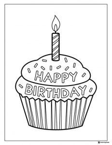 Cupcake Birthday Coloring Page with Candle and Sprinkles