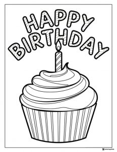 Cupcake Coloring Page with Candle and Happy Birthday Text