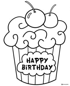 Cupcake Coloring Page with Cherries and Happy Birthday Text