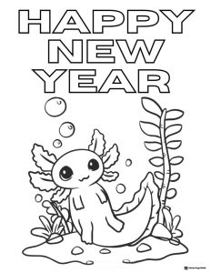 Cute Axolotl Coloring Page with Plants and New Year Message