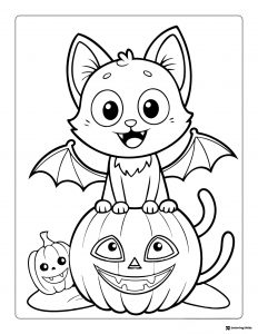 Cute Bat Coloring Page on Pumpkin with Smiling Jack o Lanterns