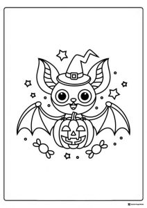 Cute Bat Coloring Page with Witch Hat and Jack o Lantern