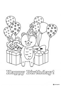 Cute Bear Birthday Coloring Page with Balloons and Gifts