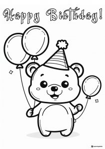 Cute Bear Coloring Page with Balloons and Party Hat