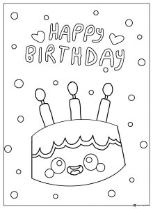 Cute Birthday Cake Coloring Page with Smiling Face