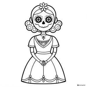 Cute Calavera Girl Coloring Page with Flower Hair Accessories