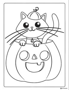 Cute Cat Coloring Sheet Sitting Inside a Jack o Lantern