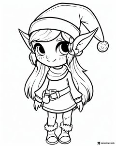 Cute Christmas Elf Coloring Page with Braids and Hat