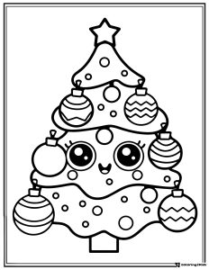 Cute Christmas Tree Coloring Page with Smiling Face and Ornaments