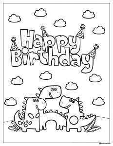 Cute Dinosaur Birthday Coloring Sheet with Party Hats and Clouds