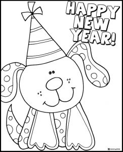 Cute Dog Coloring Page with Party Hat and New Year Message