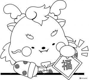 Cute Dragon Character Coloring Page Holding a Lucky Sign